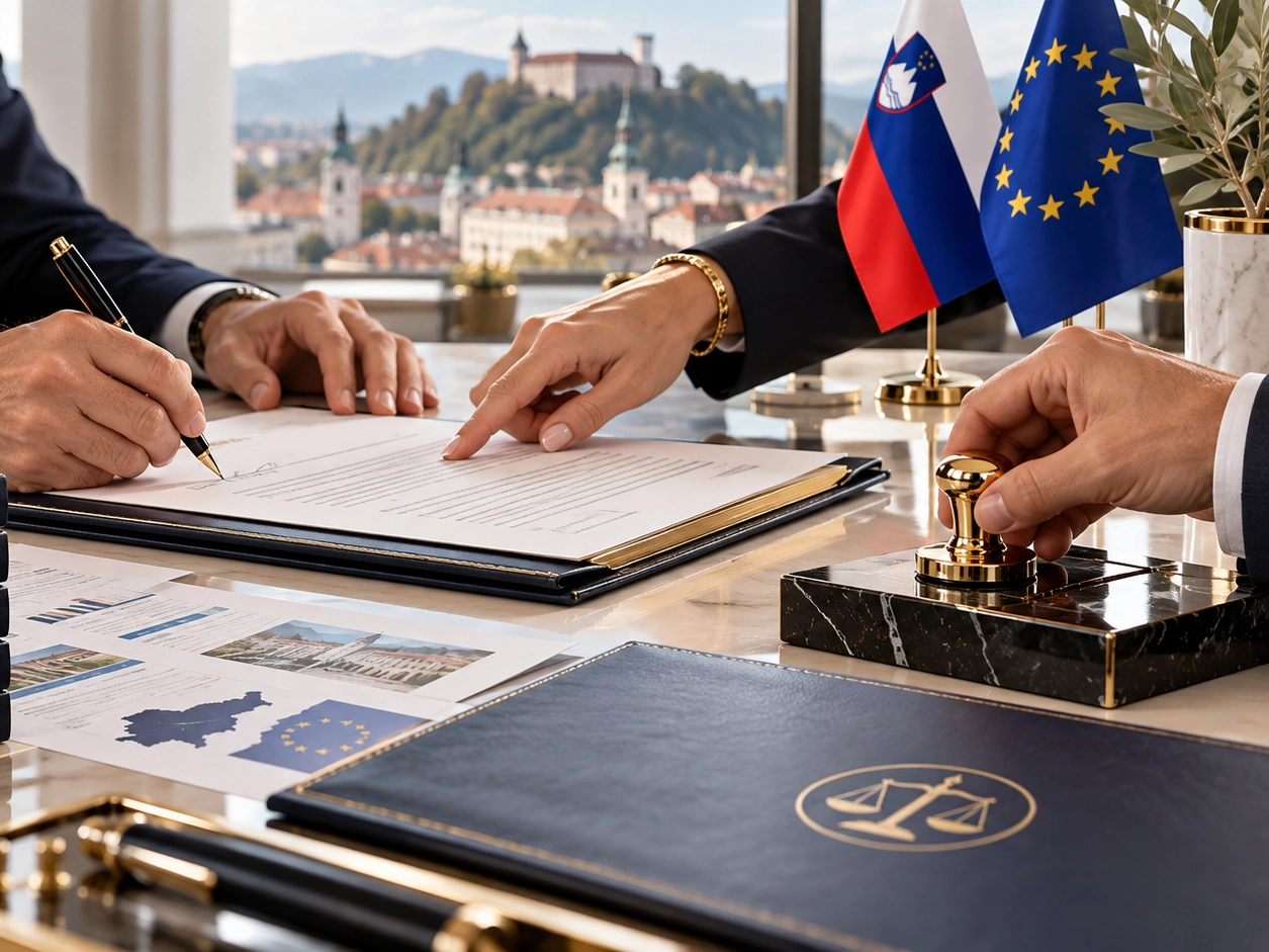 La firma di un contratto di cessione quote, con il timbro notarile e le bandiere slovena ed europea