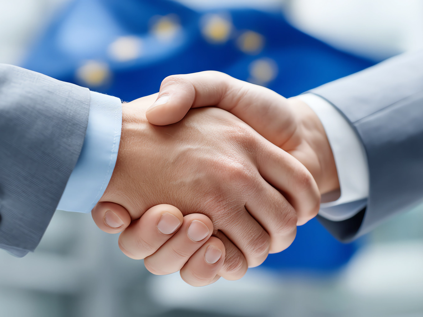 Una stretta di mano fra due professionisti davanti alla bandiera dell’Unione europea