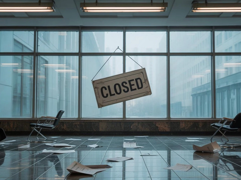 Un ufficio vuoto con il cartello «Closed» appeso davanti alle vetrate