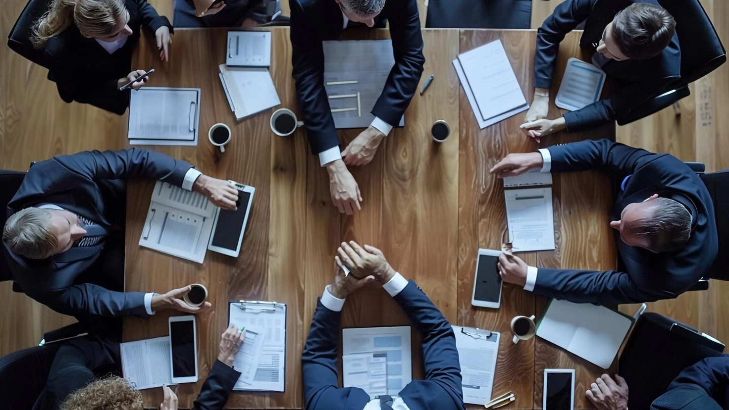 Vista dall’alto di una riunione attorno a un tavolo di legno con documenti, tablet e caffè