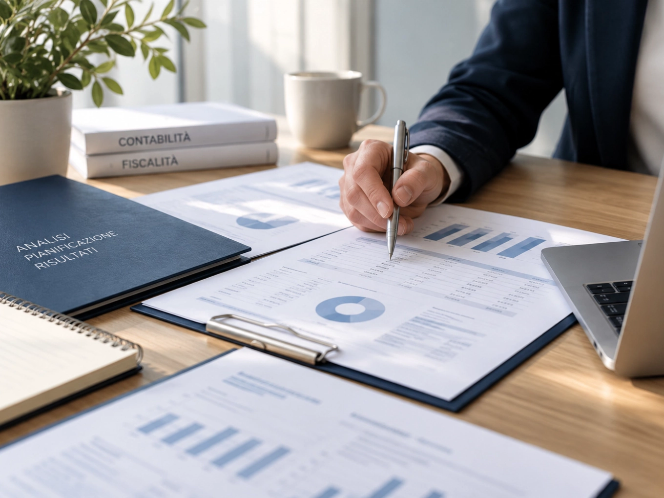 Un contabile annota un report finanziario alla scrivania, accanto ai volumi di contabilità e fiscalità