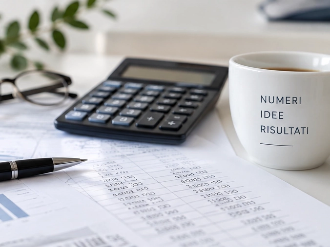 Calcolatrice, tabelle contabili e una tazza con la scritta «Numeri, idee, risultati»