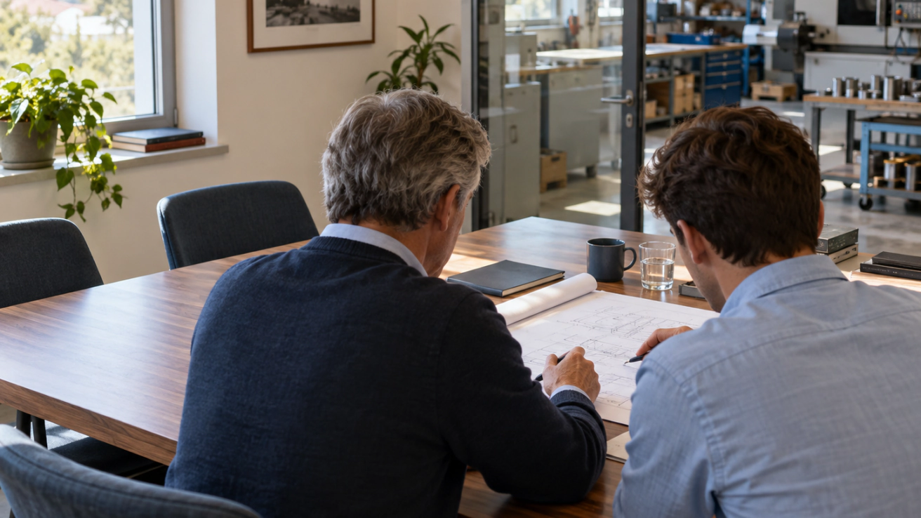 Due imprenditori esaminano un progetto nell’ufficio accanto al reparto produttivo