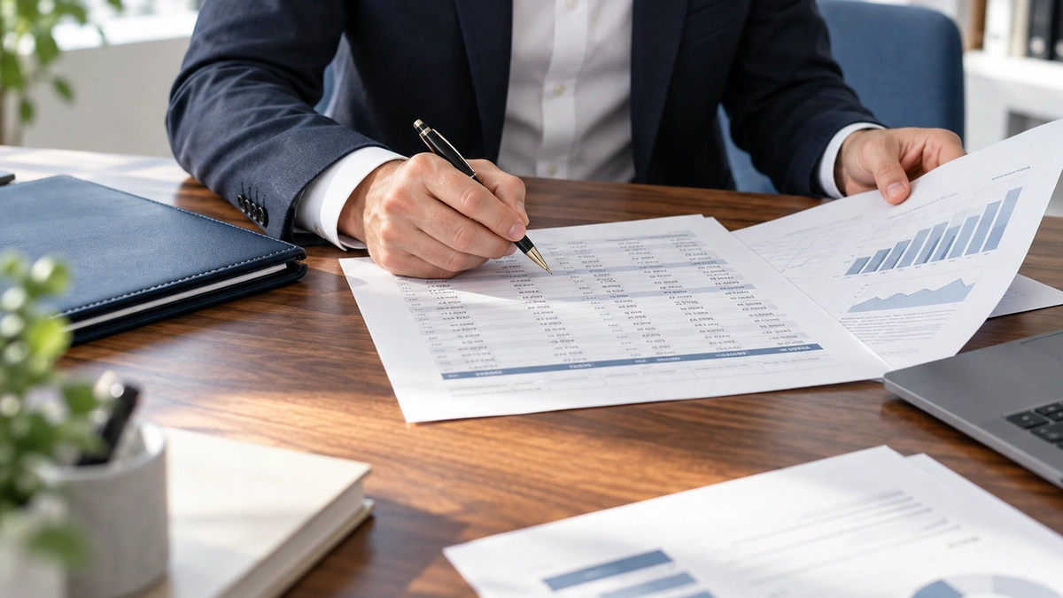 Un consulente annota tabelle e grafici durante la revisione dei documenti