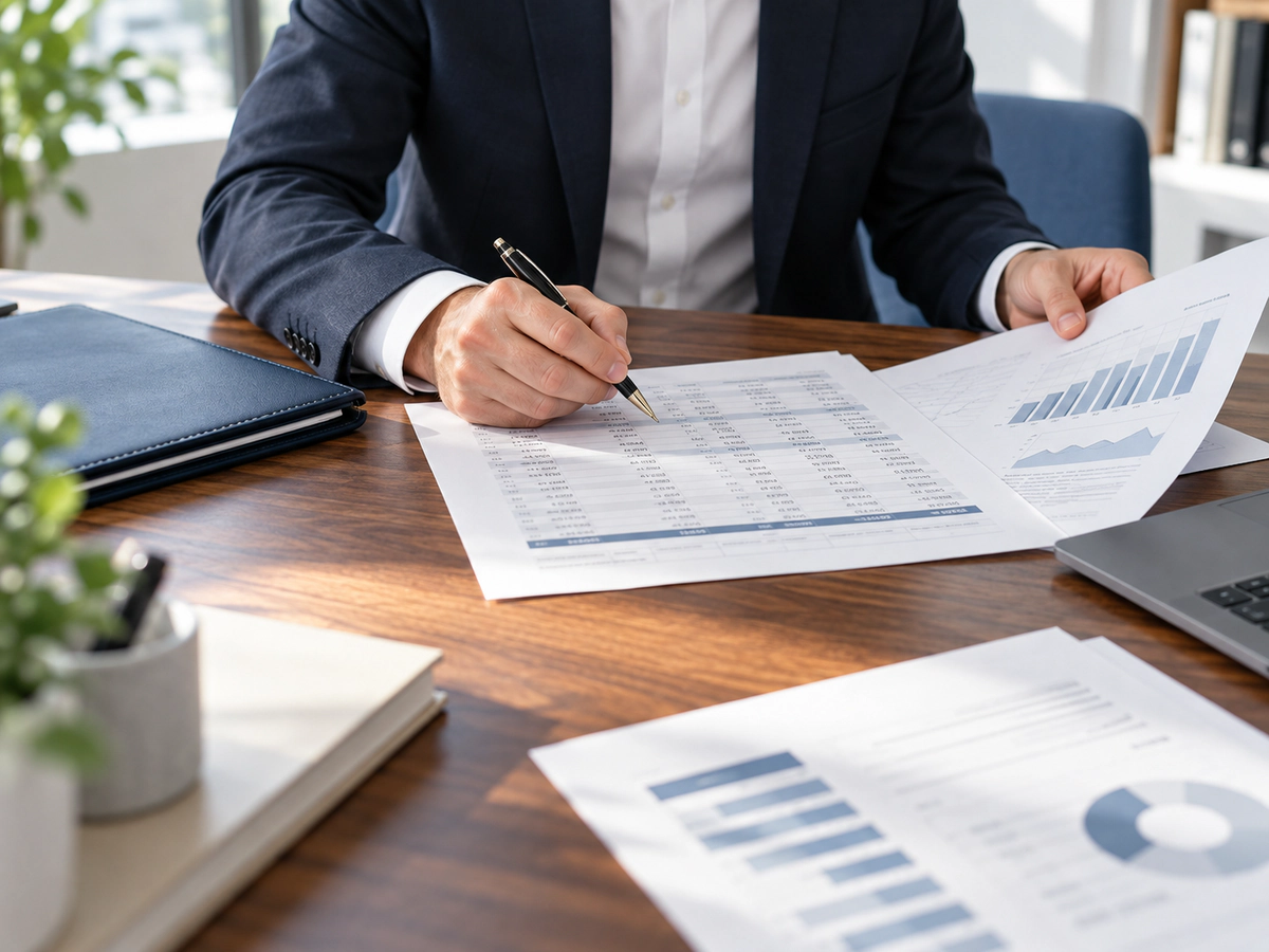 Un consulente esamina a penna tabelle e grafici di un report finanziario alla scrivania