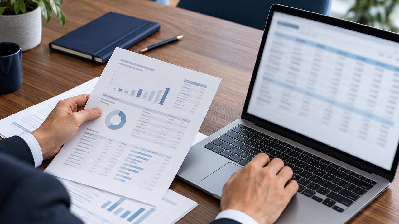 Un consulente confronta un report stampato con i dati sullo schermo del portatile