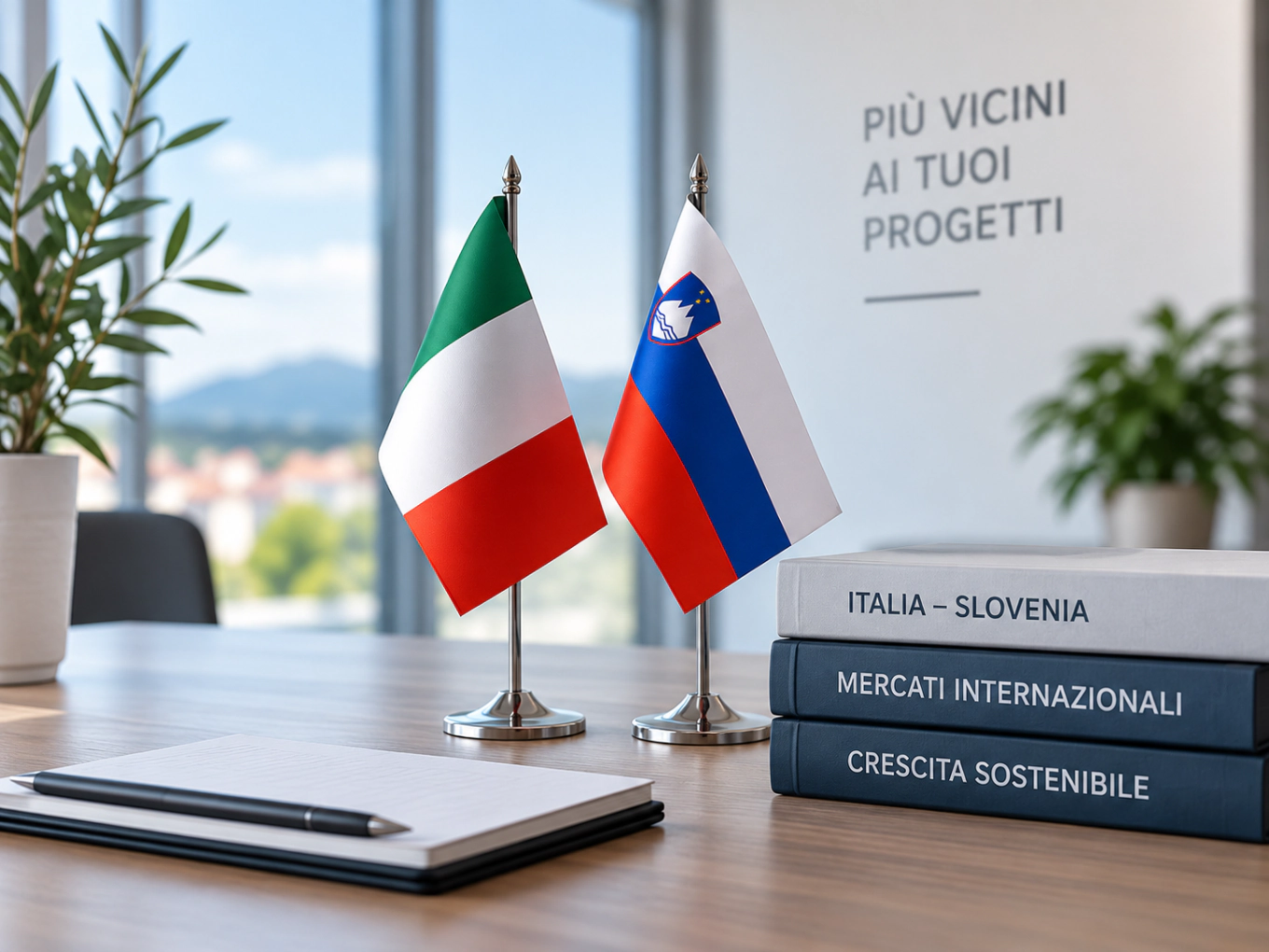 Le bandiere italiana e slovena su una scrivania, accanto ai volumi Italia – Slovenia e Mercati internazionali