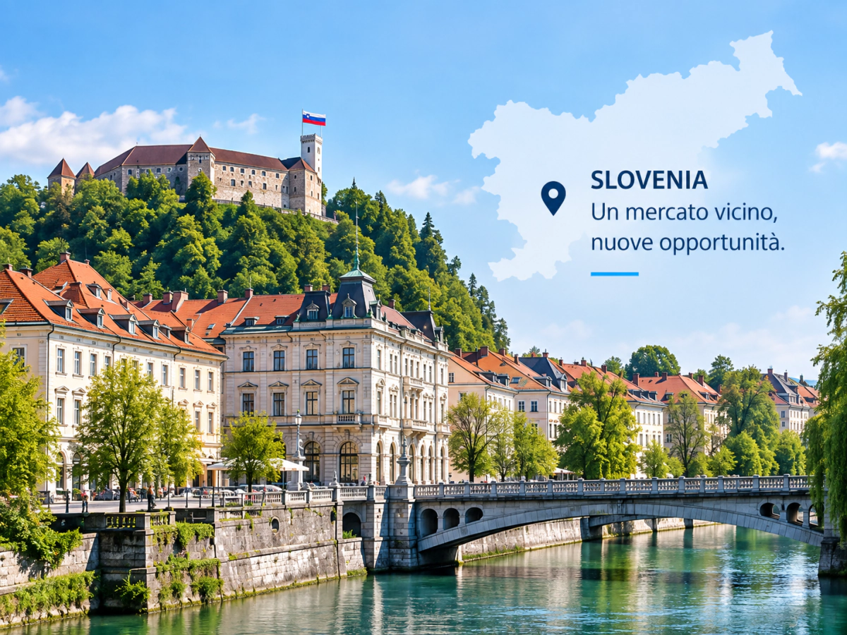 Lubiana con il castello e il fiume Ljubljanica: la Slovenia, un mercato vicino