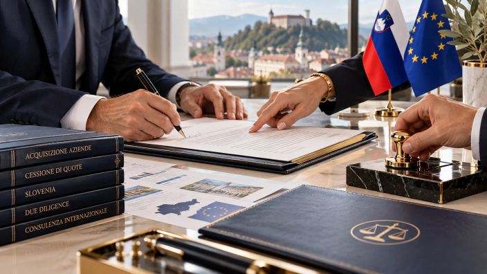 Due professionisti firmano un atto a un tavolo con le bandiere slovena ed europea, sullo sfondo il castello di Lubiana