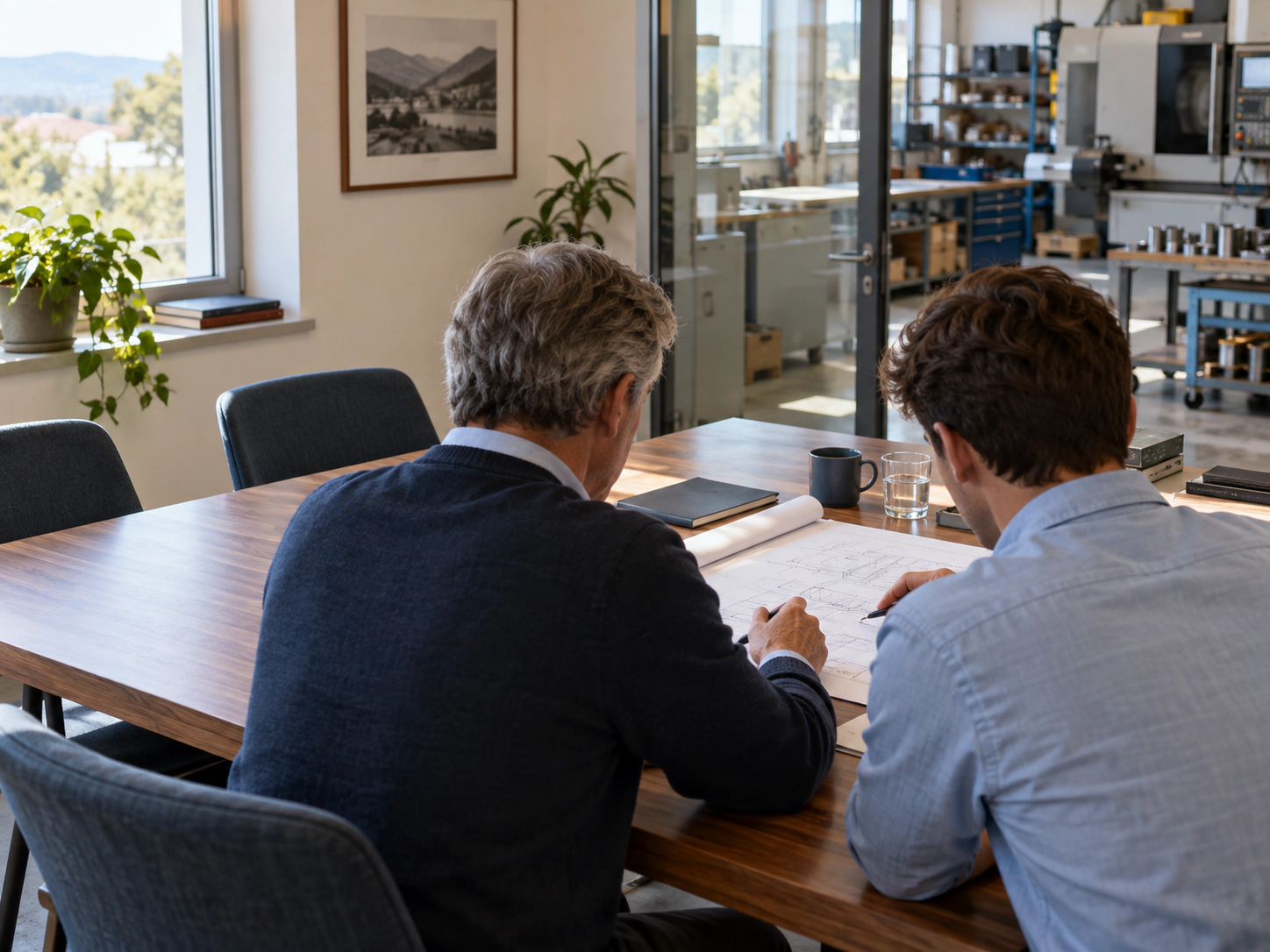 Un imprenditore e un giovane collaboratore studiano un progetto al tavolo, oltre la vetrata il reparto produttivo