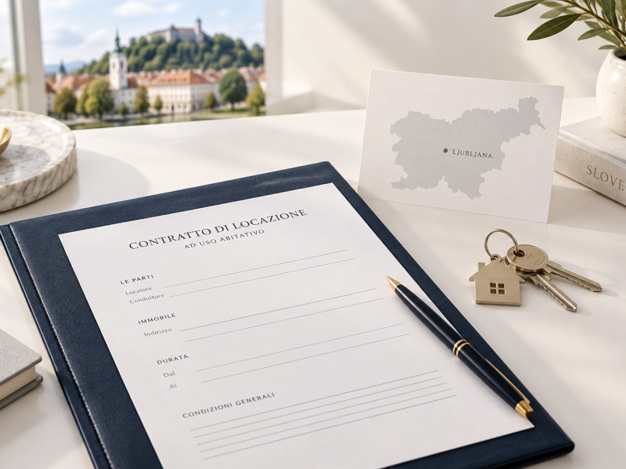 Un contratto di locazione ad uso abitativo sulla scrivania, con le chiavi di casa e la mappa della Slovenia