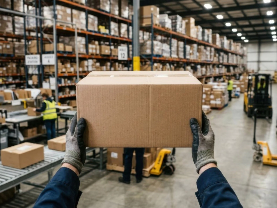 Mani con guanti da lavoro sollevano uno scatolone in un magazzino di distribuzione